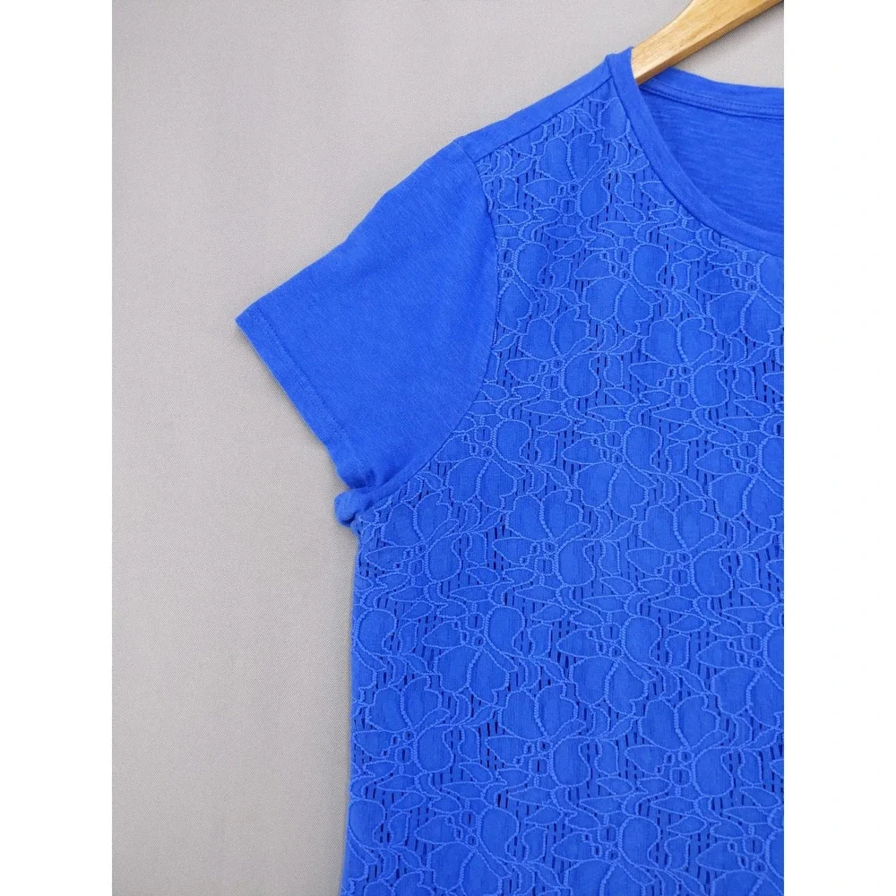 Talbots Lace Front Top Women Large Blue Short Sleeve Floral Overlay Crew Neck